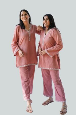 Dusty Rose Embroidered Cotton Co-ord Set featuring delicate embroidery and a soft, breathable cotton fabric.