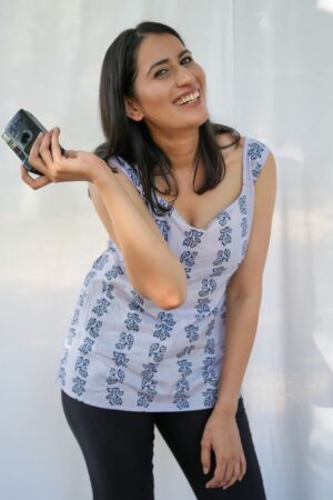 Sleeveless Blue Floral Printed Cotton Kurti for women, perfect for casual and summer wear.