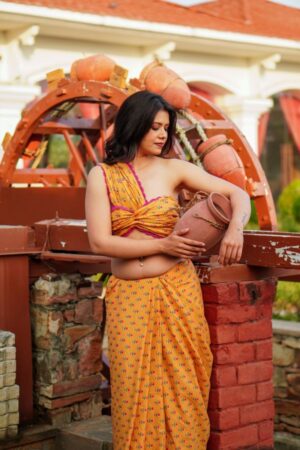 Mustard Muse Mul Cotton Saree showcasing Lumaarafashion excellence with a lightweight mulmul fabric, graceful drape, and elegant handcrafted finish.