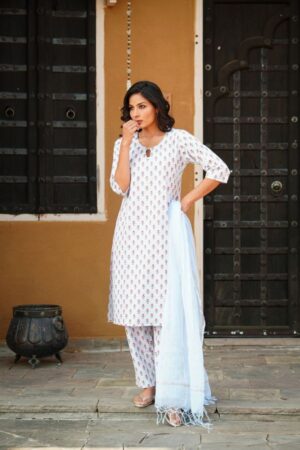 Powder Blue Summer Bloom Cotton Kurta Set with Kota Doria Dupatta